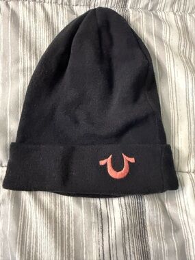 True Religion Black Beanie with Coral Horseshoe Logo